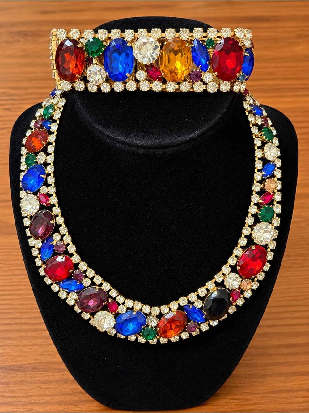 Vintage Multicolor Crystal Statement Collar Bib Necklace and Bracelet Set